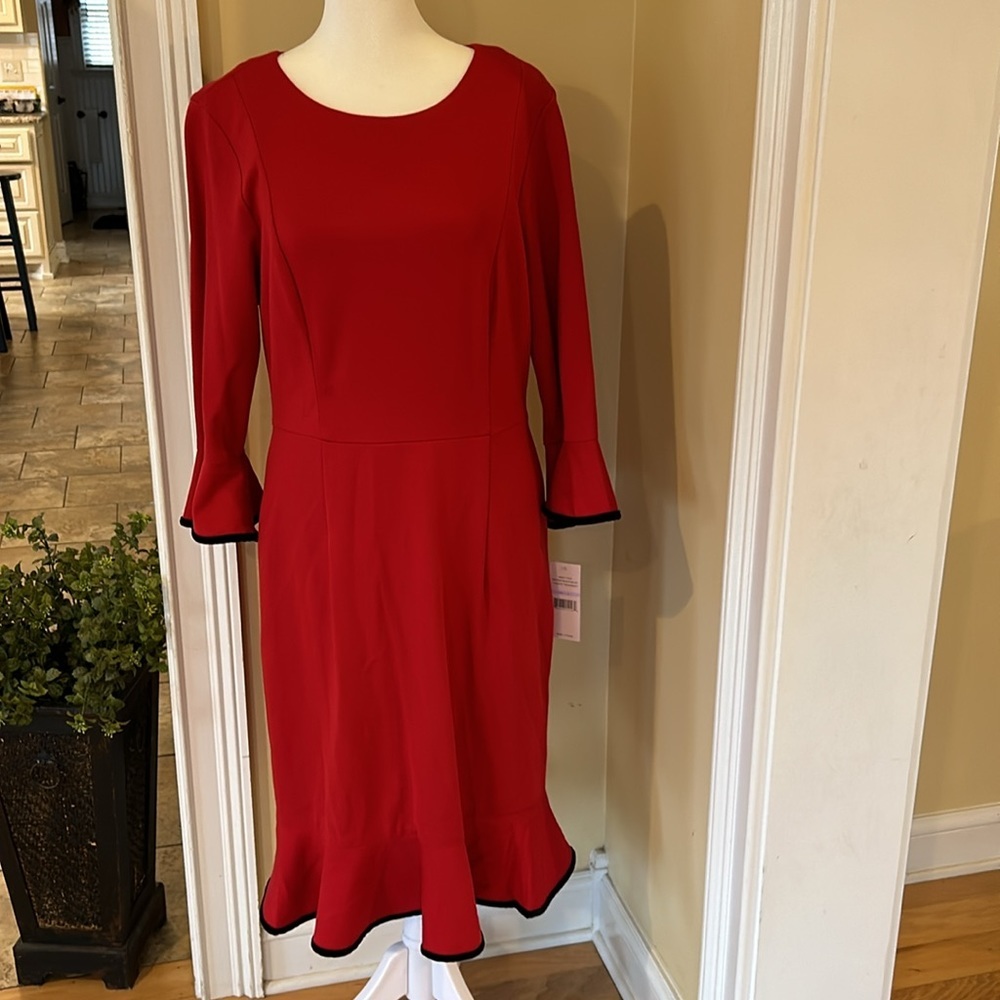 NWT Nanette Lepore Red Bell Sleeve Midi Dress Black Velvet Trim, Flounce Hem